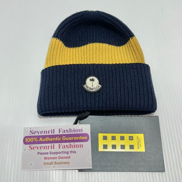 Moncler X Palm Angels Beanie Cap Men OS Navy Yellow Colorblock Knit Wool Hat NWT - Picture 12 of 14